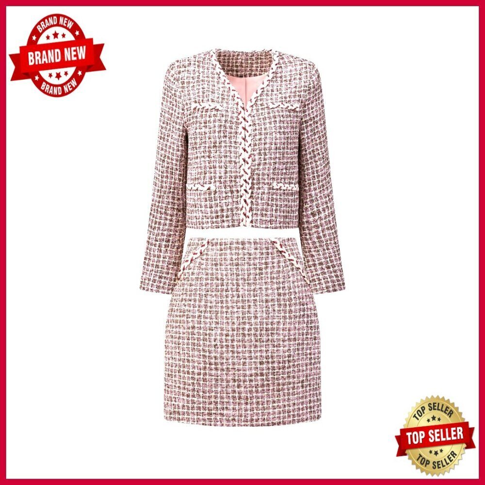 Plaid Tweed Suit Set 2 Piece Blazer Skirt Professional Office Wear